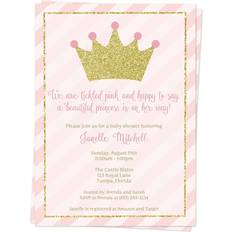 Princess Cards & Invitations The Invite Lady Princess Baby Shower Invitations Pretty Princess Girl Pink Gold Crown Sparkle Bling Glitter Sprinkle Stripes Tiara Custom Printed Invites Cards 12 Count