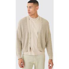 Beige - Mies Neuletakit boohooMAN Mens Stone Boxy Fit Ribbed Cardigan