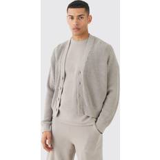 Harmaa - Mies Neuletakit boohooMAN Boxy Fit Ribbed Fisherman Knit Cardigan - Light Grey