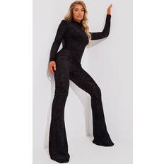 Zebra Jumpsuits & Overalls PrettyLittleThing Black Zebra Devore High Neck Flared Jumpsuit, Black