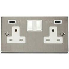SE Home Se Home Stainless Steel 2 Gang 13A 2 usb Twin Double Switched Plug Socket White Trim