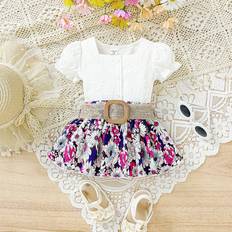 1-3M Other Sets Shein Baby Girl's Elegant & Cute Fashionable Textured Shirt And Floral A-Line Skirt Set With Waist Belt