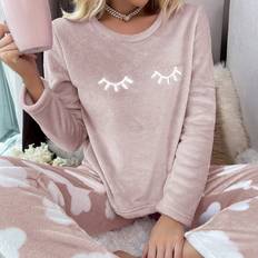 Flannel Pyjamas Shein Eyelash Embroidery Flannel PJ Set