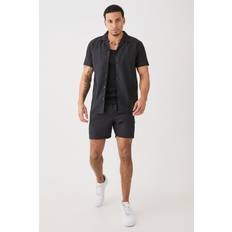 boohooMAN Mens Black Regular Revere Linen Blend Shirt & Short Set