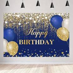 Photo Backgrounds Tianfu Blue and gold Happy Birthday Background 7x5 feet Shiny Gold Dots Diamond Balloon Photography Background Party Decoration Cake Studio Props