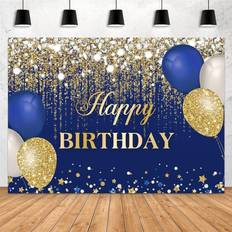 Photo Backgrounds Tianfu Blue and gold Happy Birthday Background 7x5 feet Shiny Gold Dots Diamond Balloon Photography Background Party Decoration Cake Studio Props