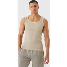 Beige - Men Tank Tops boohooMAN Mens Ribbed Muscle Fit Tank Beige