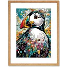 Beige Framed Art ARTERY8 Puffin Bird Acrylic Painting Floral Psychedelic Aquatic Bird Colourful Flowers Framed Art