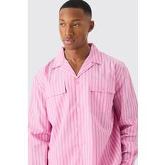 Vaaleanpunainen Paidat boohooMAN Woven Stripe Lounge Shirt - Pink