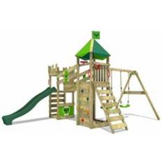 Fatmoose Wooden climbing frame RiverRun with swing set and slide, Knight's playhouse with sandpit, climbing ladder & play-accessories green green