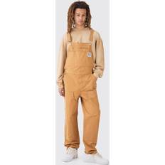 Brown - Men Jumpsuits & Overalls boohooMAN Mens Washed Twill Branded Zip Carpenter Relaxed Fit Dungarees Brown