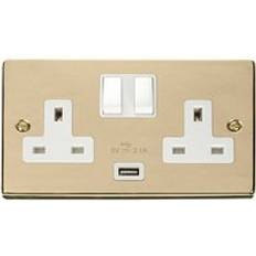 SE Home Polished Brass 2 Gang 13A 1 usb Twin Double Switched Plug Socket White Trim