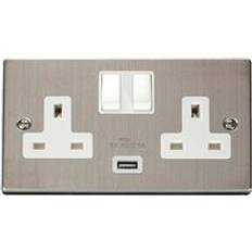 SE Home Stainless Steel 2 Gang 13A 1 usb Twin Double Switched Plug Socket White Trim