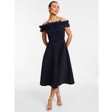 Quiz Navy Bardot Ruffle Skater Midi Dress, Dark Blue, 12, Women