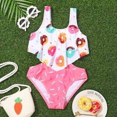 24-36M Bathing Suits Children's Clothing Shein Baby Girl Random Donut Print Cut Out One Piece Swimsuit