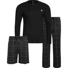 Flannel Underwear U.S. Polo Assn. Men's Pajama Set Piece Waffle Knit Long Sleeve T-Shirt, Flannel Lounge Pants, and Shorts, Medium, Black/Black Plaid