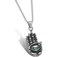 Green - Men Necklaces Magic Human Buddha Necklace The Blessing Hand of Good Luck All Seeing Wisdom Eye Spiritual Amulet see feel Protect Know Ancient Tibetan Mantra Prayer Forest Green Crystal Antique Pendant