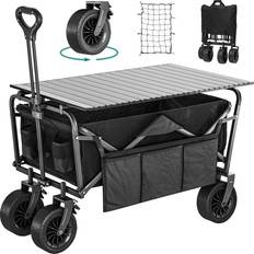 Utility Wagons YitaHome Utility Folding Wagon Camping Park Wagon Cart Portable Collapsible Garden Cart with Roll Table Plate, 2 Drink Holders, Side Storage Pocket, for Sports, Outdoor, Garden, Fishing, Black