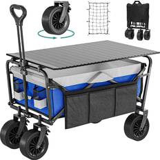 Utility Wagons YitaHome Utility Folding Wagon Camping Park Wagon Cart Portable Collapsible Garden Cart with Roll Table Plate, 2 Drink Holders, Side Storage Pocket, for Sports, Outdoor, Garden, Fishing, Blue