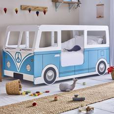 Campervan Single Themed Kids Bed Light Blue/White Happy