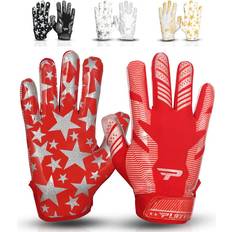 Football PLAYEUR PLAYEUR Star PRO 3.0 Football Gloves with GripPro Technology Extra Tacky Silicone Palm Receiver Lightweight, Perforated and Skin fit Stylish Adult Youth Football Gloves Red & Sliver, Youth XS/S