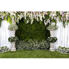 Laeacco Laeacco Arch Wedding Flowers Backdrop 10x8ft Vinyl Photography Background Stone Planter Flowers White Curtain Green Ivy Wall Decoration Outdoos Ceremony Green Grassfield Backdrop