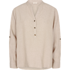 Beige - Hørskjorter Freequent V-Neck Linen Shirt - Sand Melange