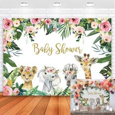 Photo Backgrounds Mocsicka Safari Baby Shower Backdrop Sweet Baby Girl Jungle Animals Elephant Lion Giraffe Background 7x5ft Woodland Tropical Animals Baby Shower Banner Backdrops Cake Table Decorations