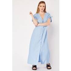 Tuc Tuc Drawstring Short Sleeve Plain Dress Blue