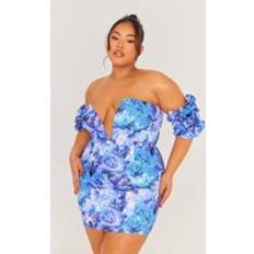 Long Dresses - Rayon PrettyLittleThing Plus Blue Floral V Neck Ruffle Sleeve Bodycon Dress, Blue