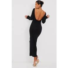 Long Sleeves Dresses PrettyLittleThing Black Acetate Slinky Long Sleeve Slash Neck Open Back Maxi Dress, Black
