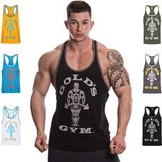 Gold Tank Tops Gold's Gym Gold's Gym 2016 Muscle Joe Contrast Stringer Vest Mens Fitness Training Gym Y-Back Tank Top Black/Grey Marl