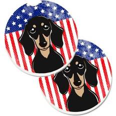 Car Interior CoolCookware American Flag & Smooth Black & Tan Dachshund Set of 2 Cup Holder Car