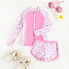 M Baddräkter Shein Tween Girls' Plant Print Splice Swimsuit Set, Long Sleeve Bathing Suit Beach Outfit Rash Guard Summer Vacation