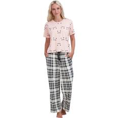 Forever 21 Women Sleepwear Forever 21 Yummy Printed Women's Pajama Set Short-Sleeve Top with Long Pants, Two-Piece Soft & Silky Pajamas Women, Memow