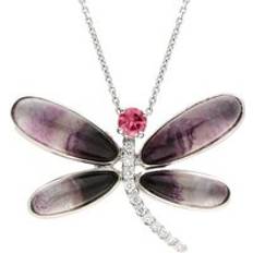 C. W. Sellors 18ct White Gold Blue John Diamond and Rubellite Dragonfly Necklace White Gold