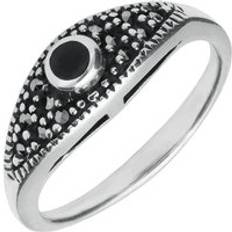 Jewellery C. W. Sellors Sterling Silver Whitby Jet Marcasite Round Stone Ring Silver