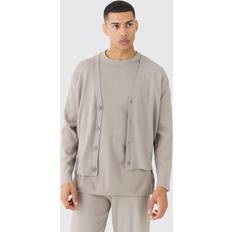 Harmaa - Mies Neuletakit boohooMAN Boxy Fit Knitted Cardigan - Light Grey