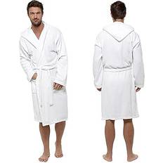 KAV Mens Hooded Towelling Robe-100% Cotton Bathrobe Dressing Gown with Pockets for Shower, Hotel Robe White,L/XL