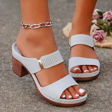 Grey - Women Heeled Sandals Shein European And American Style Women Thick Heel Sandals New Fashionable Thick-Soled High Heel Outdoor Slippers And Sandals