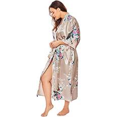 Florals - Women Robes Kim+Ono Plus Women's Satin Robe Long Floral Peacock & Blossoms Willow Grey