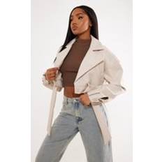 White - Women Jackets PrettyLittleThing Stone Oversized Belted Hem Cropped Biker Jacket - White