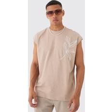 Beige - Men Tank Tops boohooMAN Mens Oversized Embroidered Slub Tank Beige