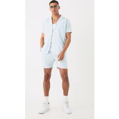 boohooMAN Mens Blue Regular Revere Linen Blend Shirt & Short Set
