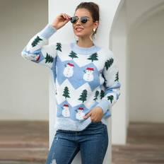 Blue, M Christmas sweater Christmas tree snowman pullover sweater women Pink Blue/Pink