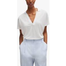 HUGO BOSS White Blouses HUGO BOSS Enelina Linen Blend Collared V-Neck Top, White