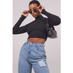 PrettyLittleThing Black Basic Soft Ribbed High Neck Long Sleeve Crop Top