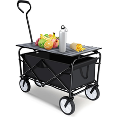 EPOWP Portable Folding Wagon and Collapsible Aluminum Alloy Table Combo Utility Outdoor Camping Cart with Wheels & Board Desktop Black