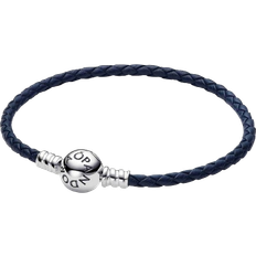 Pandora Moments Round Clasp Braided Leather Bracelet - Silver/Blue