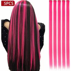 Shein 5 PCS Red Colored Clip In Hair Extensions 20 Inch Long Straight Hairpieces Clip In Halloween Cosplay Dress Up Fashion Party
